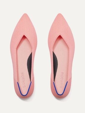 Rothy's Point ll Coral (Carnation) Pointed Knit Slip-Ons with Blue Heel Trim